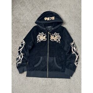 Womens Velour BCBG Max Azria Black Zip Hoodie Gold Sequin Logo, Size L